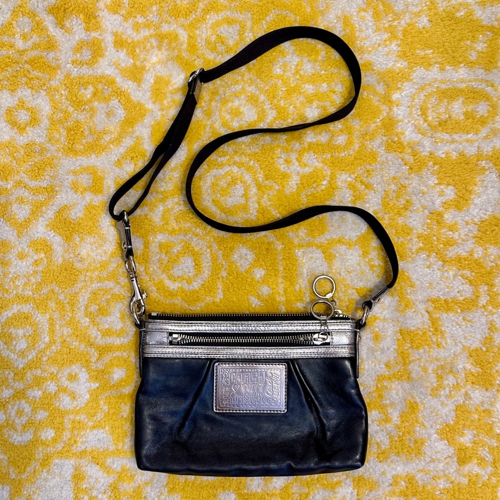 Coach Poppy Black and Silver Leather Cross Body Purse